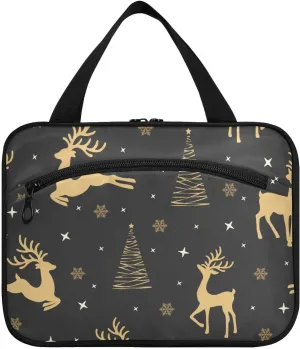 Toiletry Bag for Travel, Reindeer Background Winter Pattern Makeup Bag Large Cosmetic Bag Organizer with Hanging Hook for Women Men
