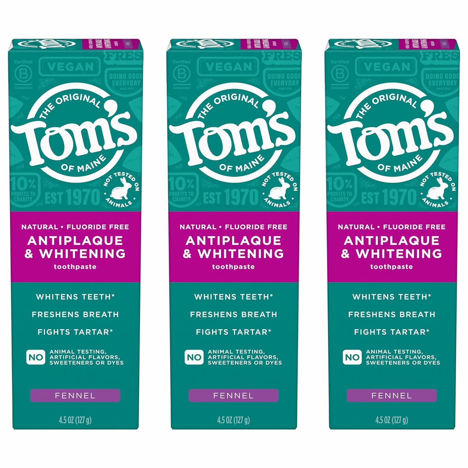 Tom's of Maine Antiplaque and Whitening Toothpaste, Fluoride Free, Fennel, 3 Pack, 4.5 Oz