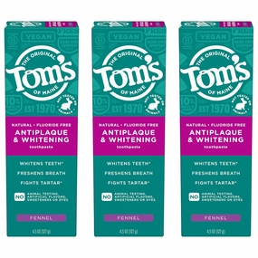 Tom's of Maine Antiplaque and Whitening Toothpaste, Fluoride Free, Fennel, 3 Pack, 4.5 Oz