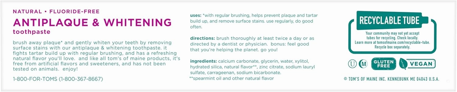 Tom's of Maine Fluoride-Free Antiplaque & Whitening Natural Toothpaste, 5.5 Ounce (Pack of 2) - Packaging May Vary