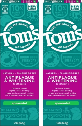 Tom's of Maine Fluoride-Free Antiplaque & Whitening Natural Toothpaste, 5.5 Ounce (Pack of 2) - Packaging May Vary