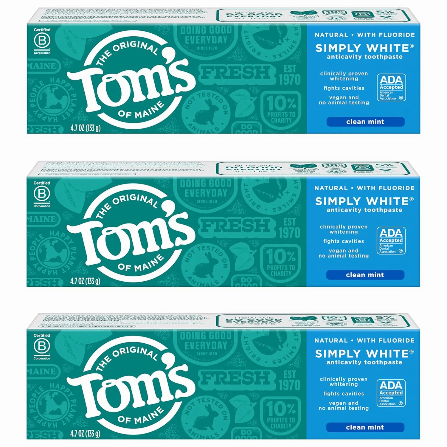 Tom's of Maine Simply White Toothpaste, Clean Mint, 4.7 oz. 3-Pack (Packaging May Vary)