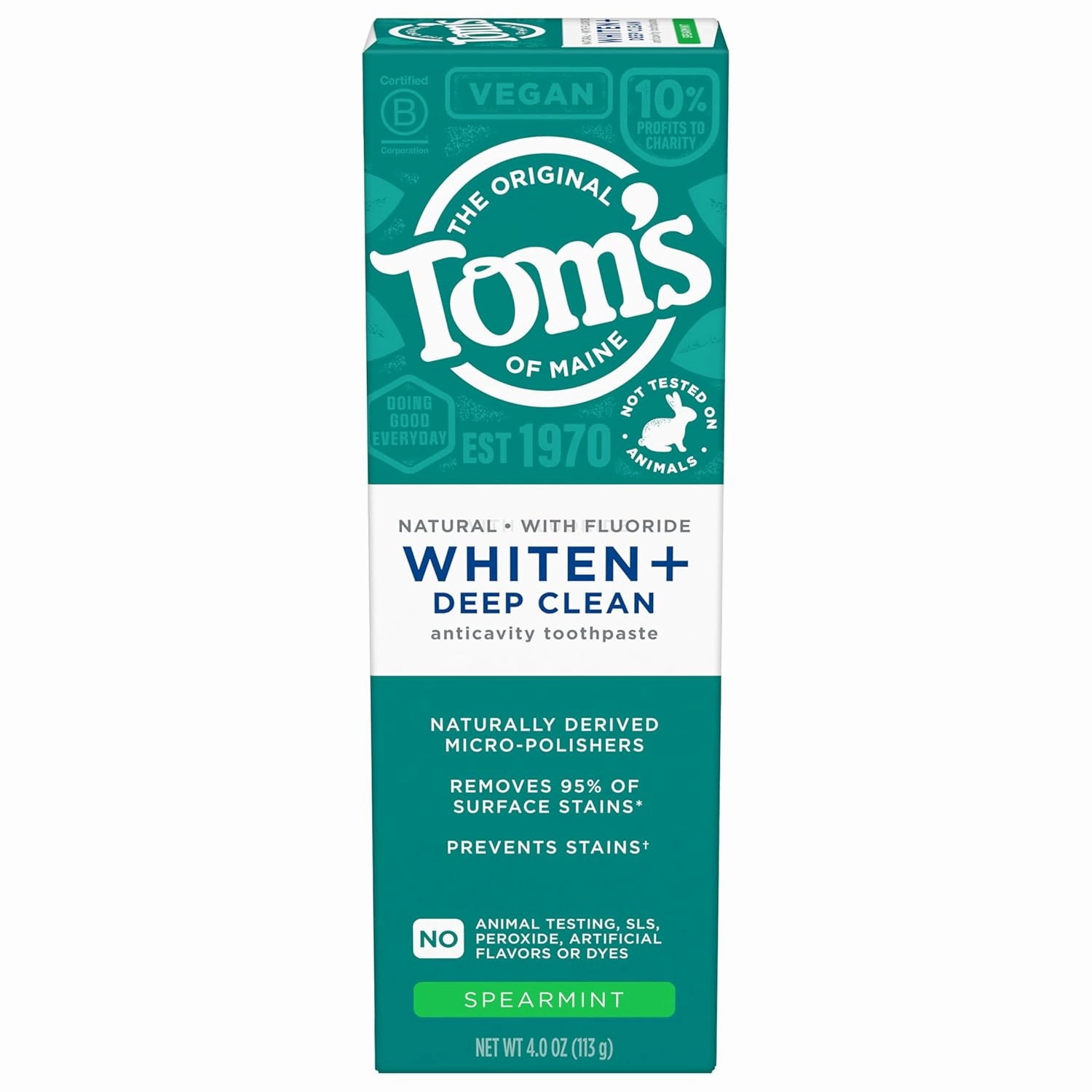 Tom's of Maine Whiten Plus Deep Clean Whitening Toothpaste, Natural Whitening Toothpaste with Plant-Based Cleansers, Enamel Safe, Whitens Without Causing Sensitivity, Spearmint, 4.0 Oz (Pack of 3)
