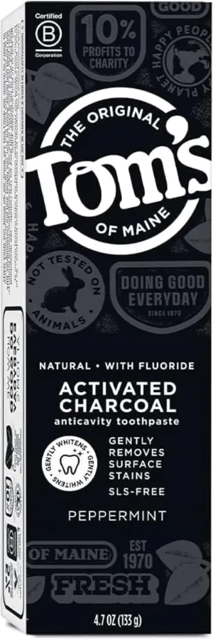Tom's of Maine Activated Charcoal Whitening Toothpaste with Fluoride, Peppermint, 4.7 oz. 3-Pack (Packaging May Vary)