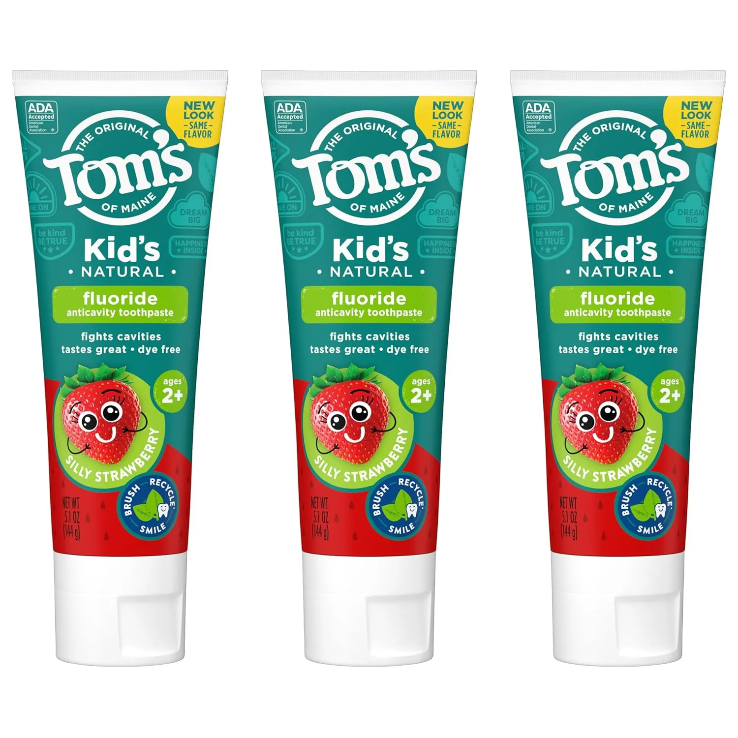 Tom's of Maine ADA Approved Fluoride Kids Toothpaste, Natural Toothpaste, Dye Free, No Artificial Preservatives, Silly Strawberry, 5.1 oz. 3-Pack (Packaging May Vary)
