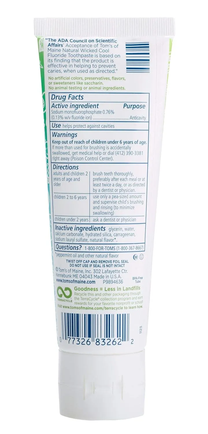 Tom's of Maine ADA Approved Wicked Cool! Fluoride Children's Toothpaste, Natural Toothpaste, Dye Free, No Artificial Preservatives, Mild Mint, 4.2 oz. 3-Pack (Packaging May Vary)