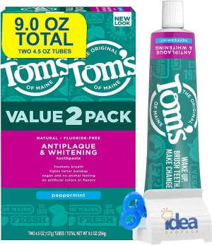 Tom's-of-Maine Antiplaque & Whitening, Peppermint, Natural Toothpaste, Fluoride-Free 4.5 oz (2 Pack 9 oz Total) Bonus Idea Shop USA Toothpaste Squeeze