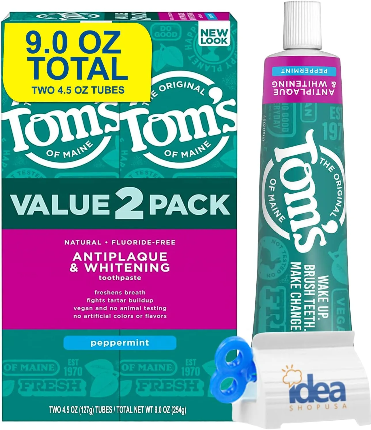 Tom's-of-Maine Antiplaque & Whitening, Peppermint, Natural Toothpaste, Fluoride-Free 4.5 oz (2 Pack 9 oz Total) Bonus Idea Shop USA Toothpaste Squeeze