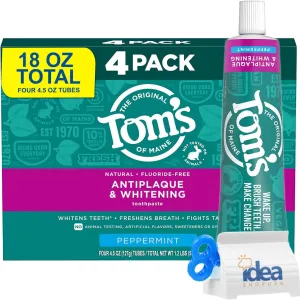 Tom's-of-Maine Antiplaque & Whitening, Peppermint, Natural Toothpaste, Fluoride-Free 4.5 oz (4-Pack 18 oz Total) Bonus Idea Shop USA Toothpaste Squeeze