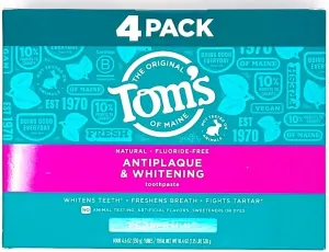Tom's-of-Maine Antiplaque & Whitening, Peppermint, Natural Toothpaste, Fluoride-Free 4.6 oz (4-Pack 18.4 oz Total)