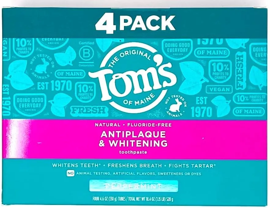 Tom's-of-Maine Antiplaque & Whitening, Peppermint, Natural Toothpaste, Fluoride-Free 4.6 oz (4-Pack 18.4 oz Total)