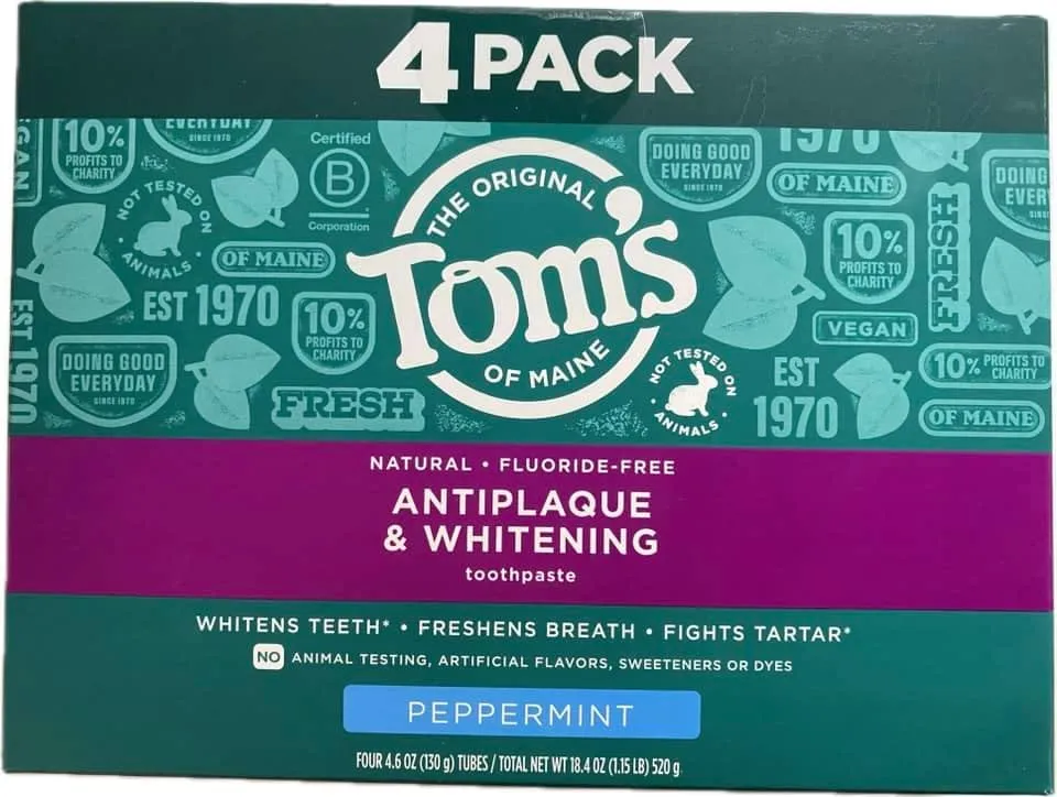 Tom's of Maine* Antiplaque and Whitening Toothpaste (Natural, Fluoride-Free, Vegan, Halal, Kosher) 4.6 oz (4 Packs) Peppermint Flavor