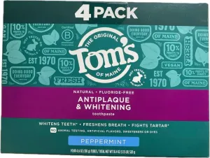 Tom's of Maine* Antiplaque and Whitening Toothpaste (Natural, Fluoride-Free, Vegan, Halal, Kosher) 4.6 oz (4 Packs) Peppermint Flavor