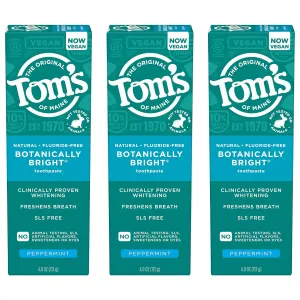 Tom's of Maine Botanically Bright Natural Whitening Toothpaste, Fluoride Free and SLS Free, Vegan, Peppermint, 3 Pack, 4.0 Oz