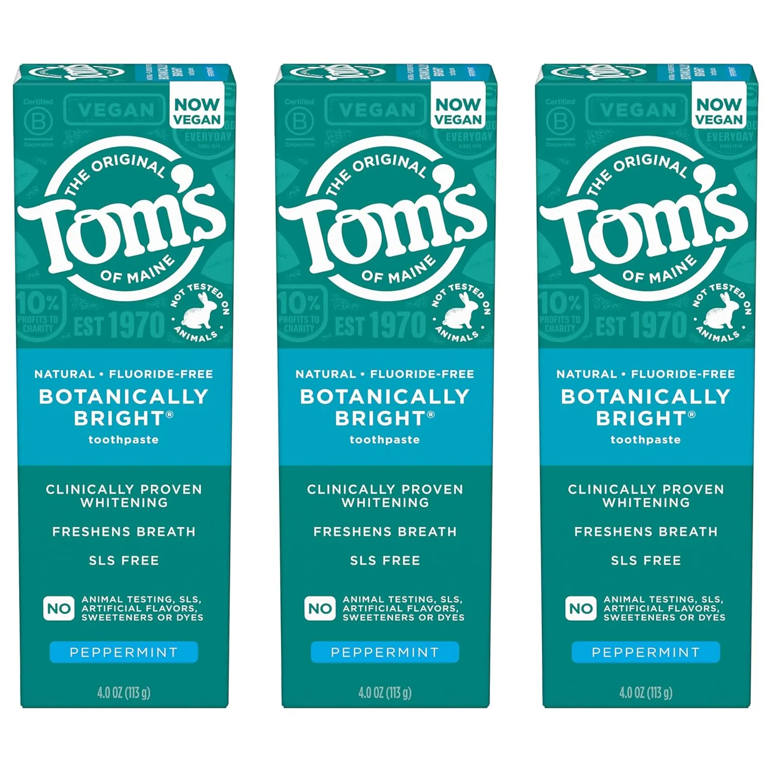 Tom's of Maine Botanically Bright Natural Whitening Toothpaste, Fluoride Free and SLS Free, Vegan, Peppermint, 3 Pack, 4.0 Oz