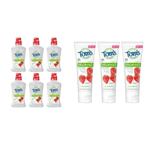 Tom's of Maine Children's Anticavity Fluoride Rinse Mouthwash, Silly Strawberry, 6-Pack   Natural Children's Fluoride Toothpaste, Silly Strawberry, 3-Pack