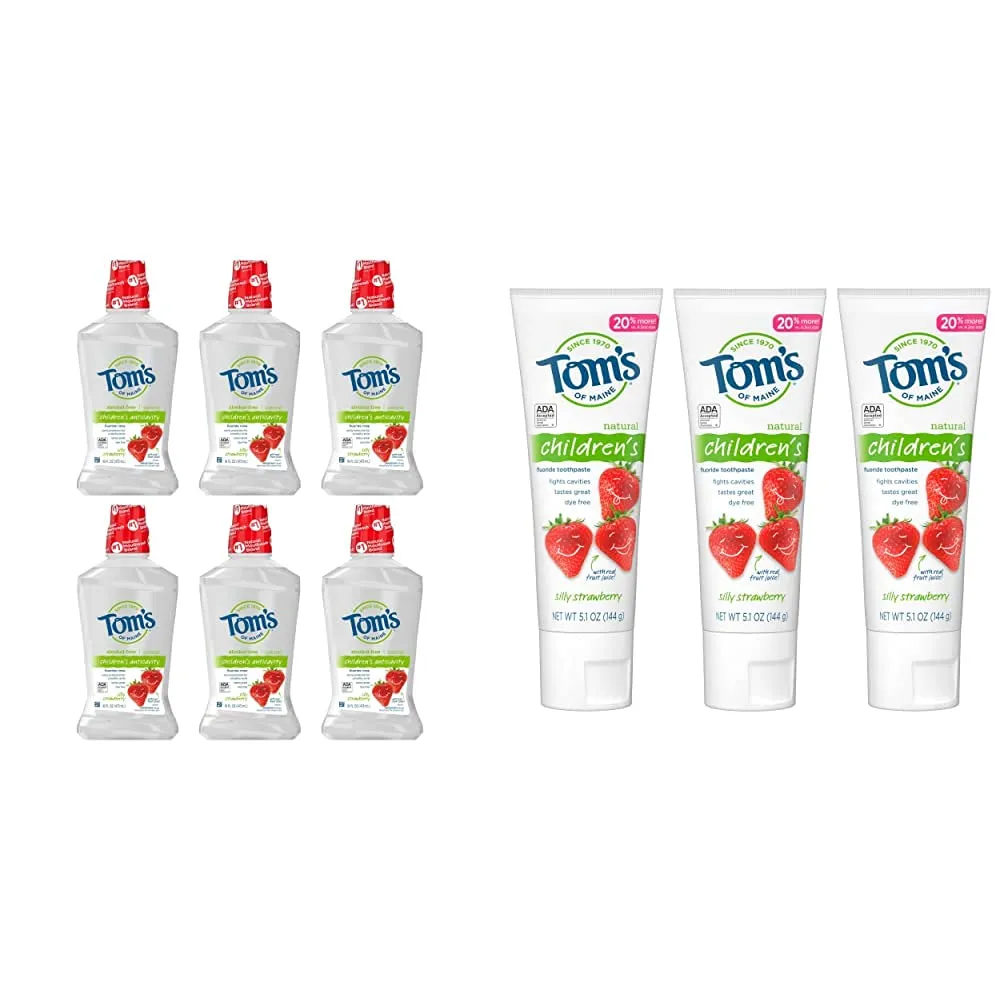 Tom's of Maine Children's Anticavity Fluoride Rinse Mouthwash, Silly Strawberry, 6-Pack   Natural Children's Fluoride Toothpaste, Silly Strawberry, 3-Pack