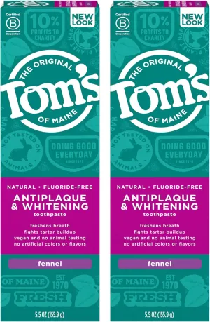 Tom's of Maine Fluoride-Free Antiplaque & Whitening Natural Toothpaste, Fennel, 5.5 oz. 2-Pack