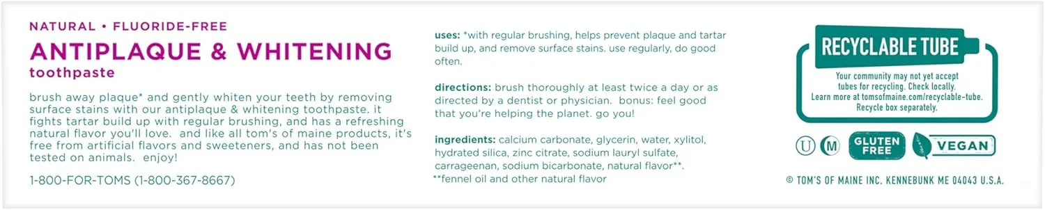 Tom's of Maine Fluoride-Free Antiplaque & Whitening Natural Toothpaste, Fennel, 5.5 oz. 2-Pack