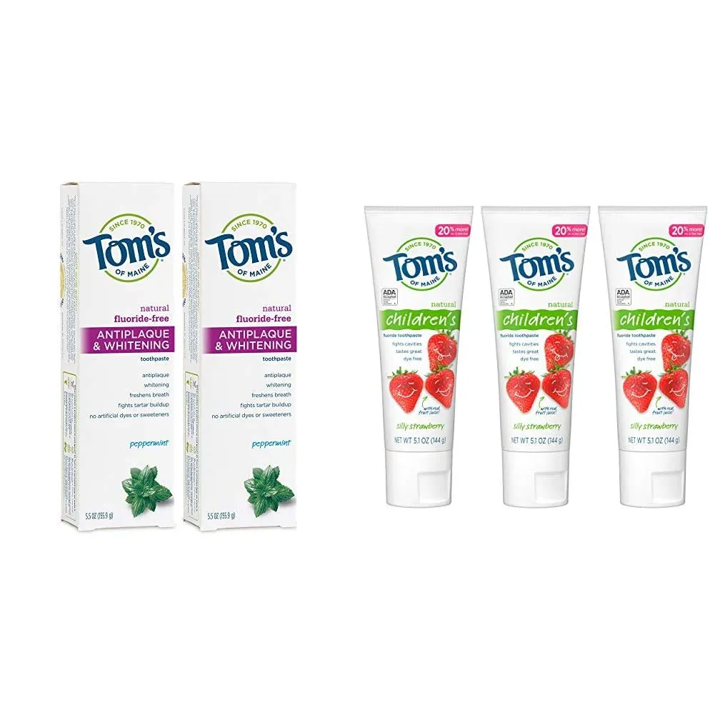 Tom's of Maine Fluoride-Free Antiplaque & Whitening Toothpaste with Tom's of Maine Anticavity Fluoride Children's Toothpaste, Kids Toothpaste, Natural Toothpaste, Silly