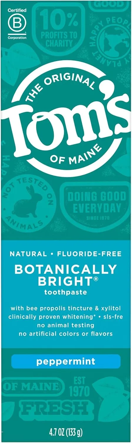 Tom's of Maine Natural Fluoride-Free SLS-Free Botanically Bright Toothpaste, Peppermint, 4.7 oz. (Packaging May Vary)