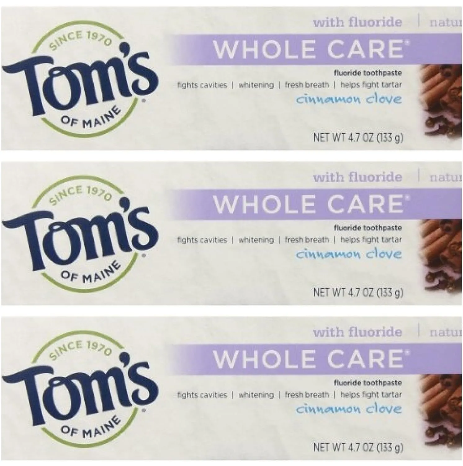 Tom's of Maine Natural Whole Care Toothpaste with Fluoride, Cinnamon Clove, 3 Count