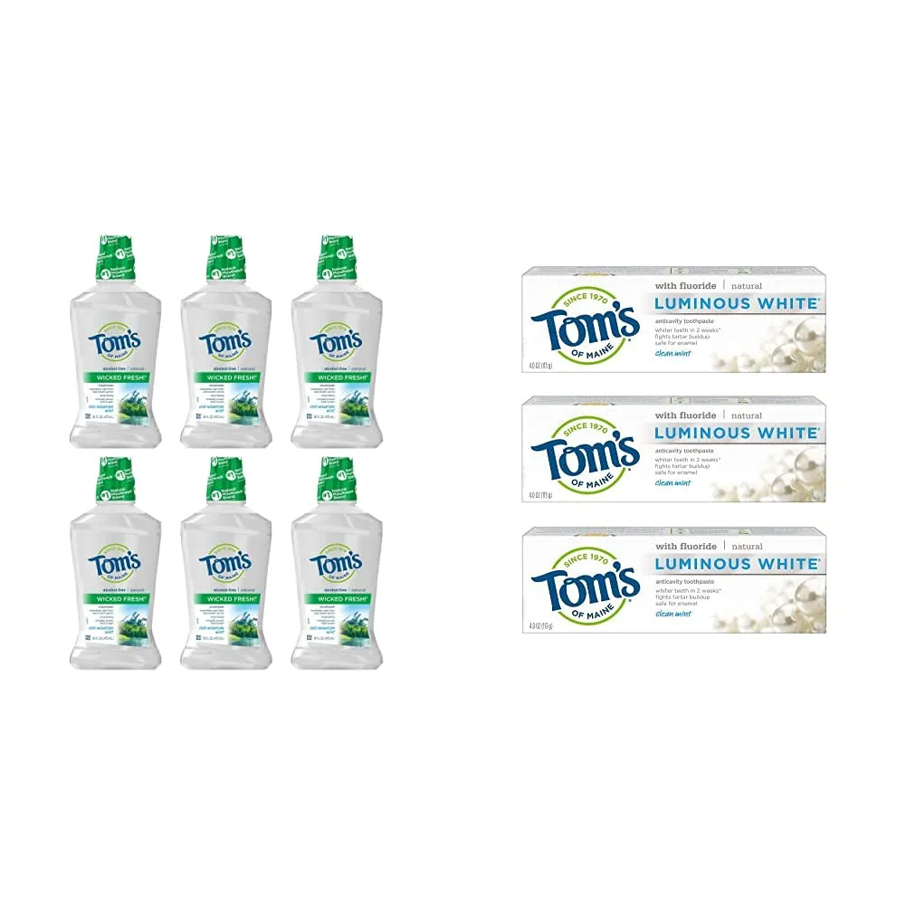 Tom's of Maine Natural Wicked Fresh! Alcohol-Free Mouthwash, Cool Mountain Mint, 6-Pack   Natural Luminous White Toothpaste with Fluoride, Clean Mint, 3-Pack