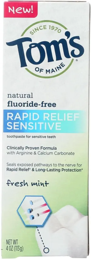 Tom's of Maine Rapid Relief Sensitive Toothpaste - Fresh Mint Fluoride-Free - Case of 6-4 Oz.6