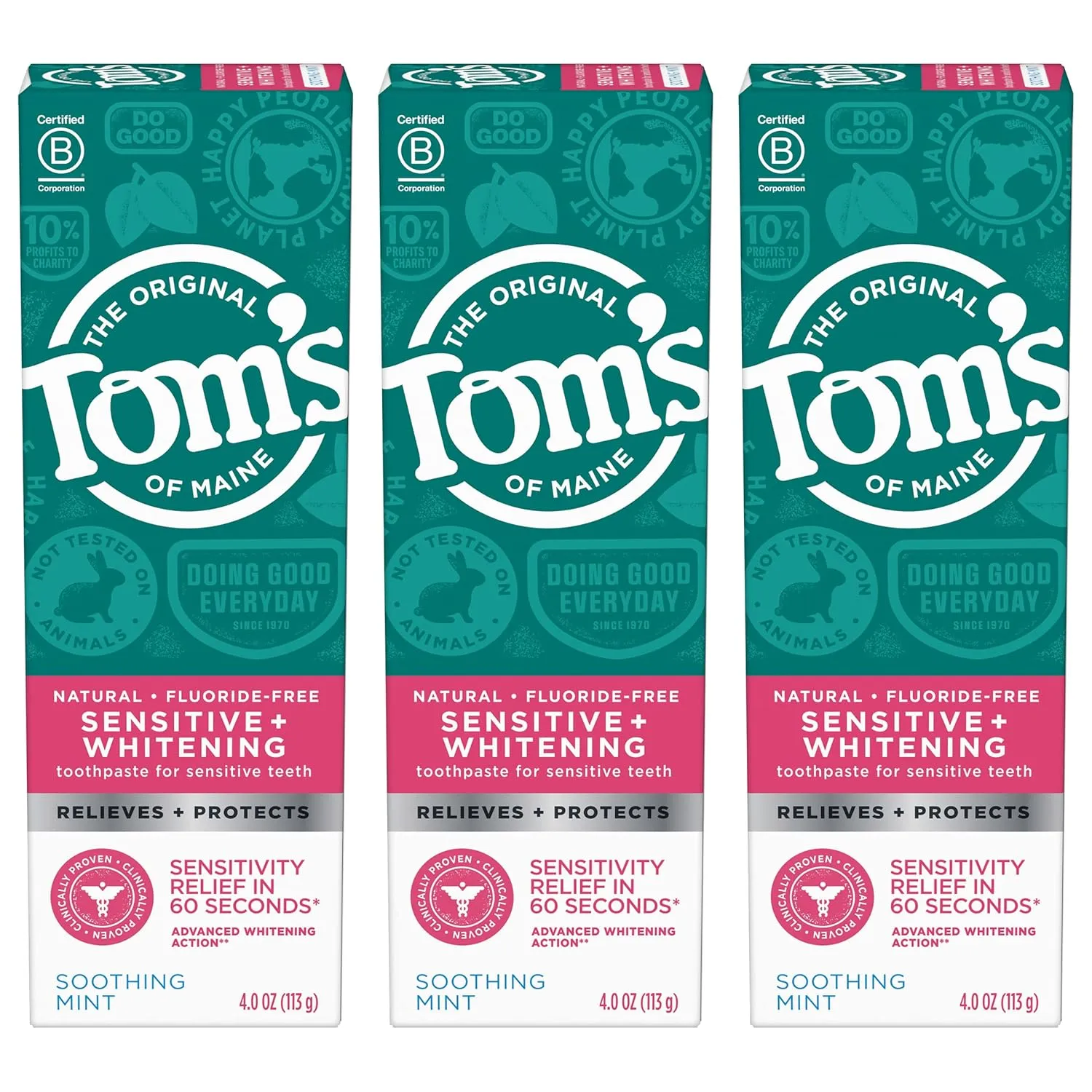 Tom's of Maine Sensitive   Whitening Fluoride Free Toothpaste,Soothing Mint 4.0 oz 3-Pack