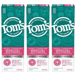Tom's of Maine Sensitive   Whitening Fluoride Free Toothpaste,Soothing Mint 4.0 oz 3-Pack