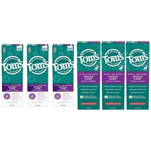 Tom's of Maine Whole Care Natural Fluoride Toothpaste Bundle with Peppermint and Cinnamon Clove, Three 4 oz. 3-Packs