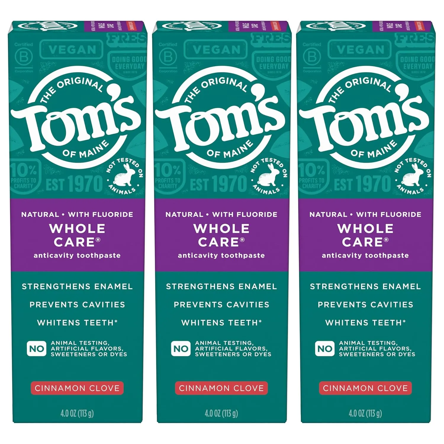 Tom's of Maine Whole Care Natural Toothpaste with Fluoride, Cinnamon Clove, 4.0 oz. 3-Pack (Packaging May Vary)