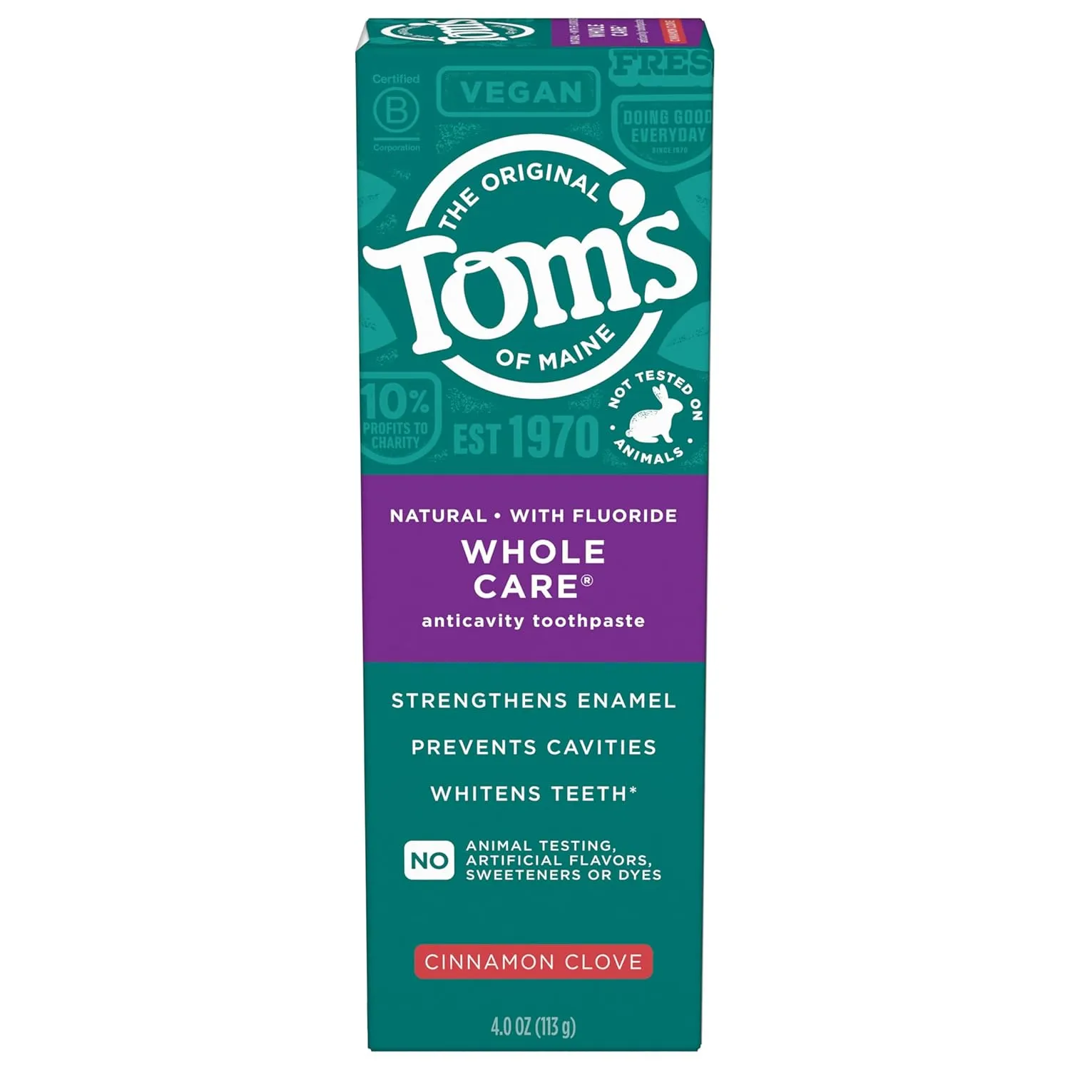 Tom's of Maine Whole Care Natural Toothpaste with Fluoride, Cinnamon Clove, 4.0 oz. 3-Pack (Packaging May Vary)