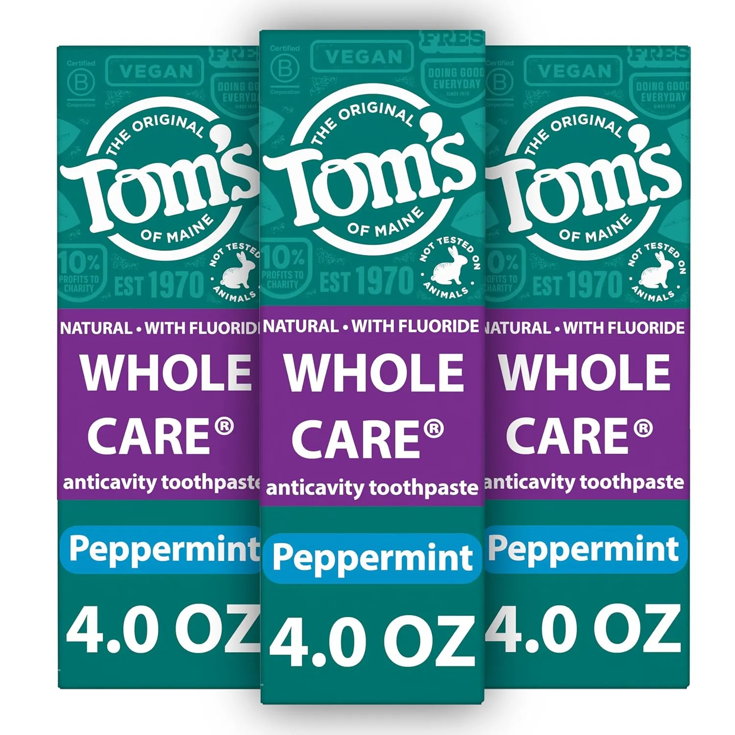 Tom's of Maine Whole Care Natural Toothpaste with Fluoride, Peppermint, 4 oz. 3-Pack (Packaging May Vary)