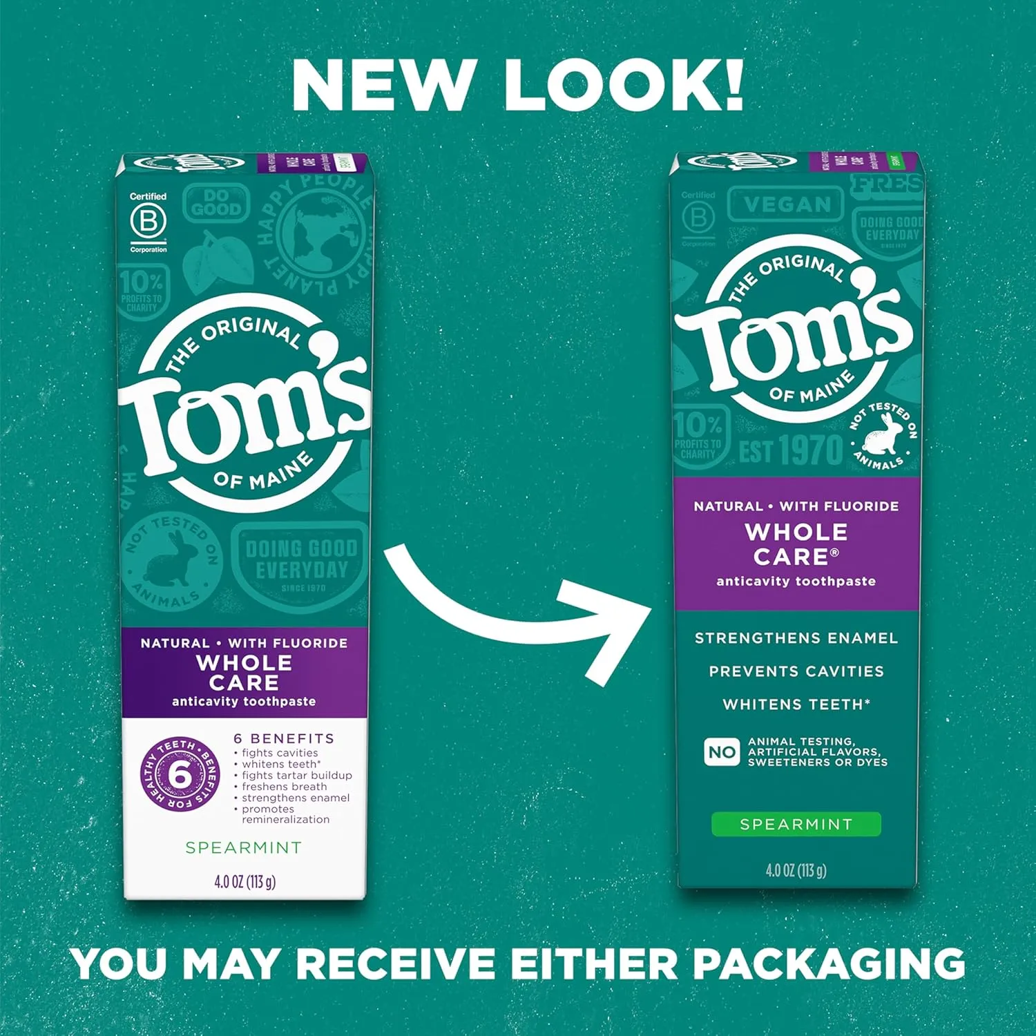 Tom's of Maine Whole Care Natural Toothpaste with Fluoride, Spearmint, 4 Ounce (Pack of 3), (Packaging May Vary)