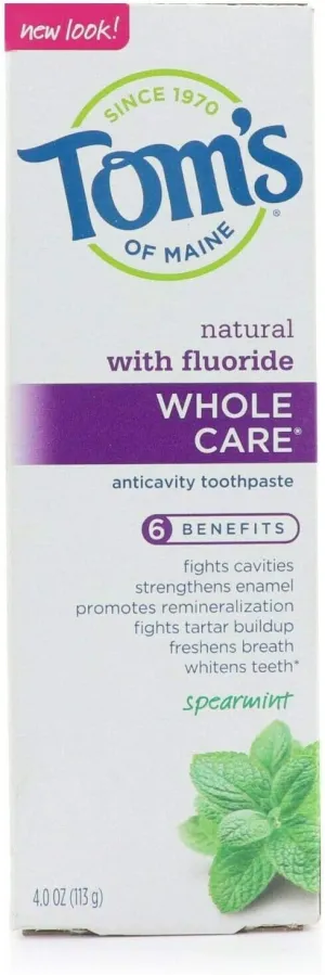 Tom's of Maine Whole Care Toothpaste with Fluoride, Spearmint 4 oz (Pack of 6)