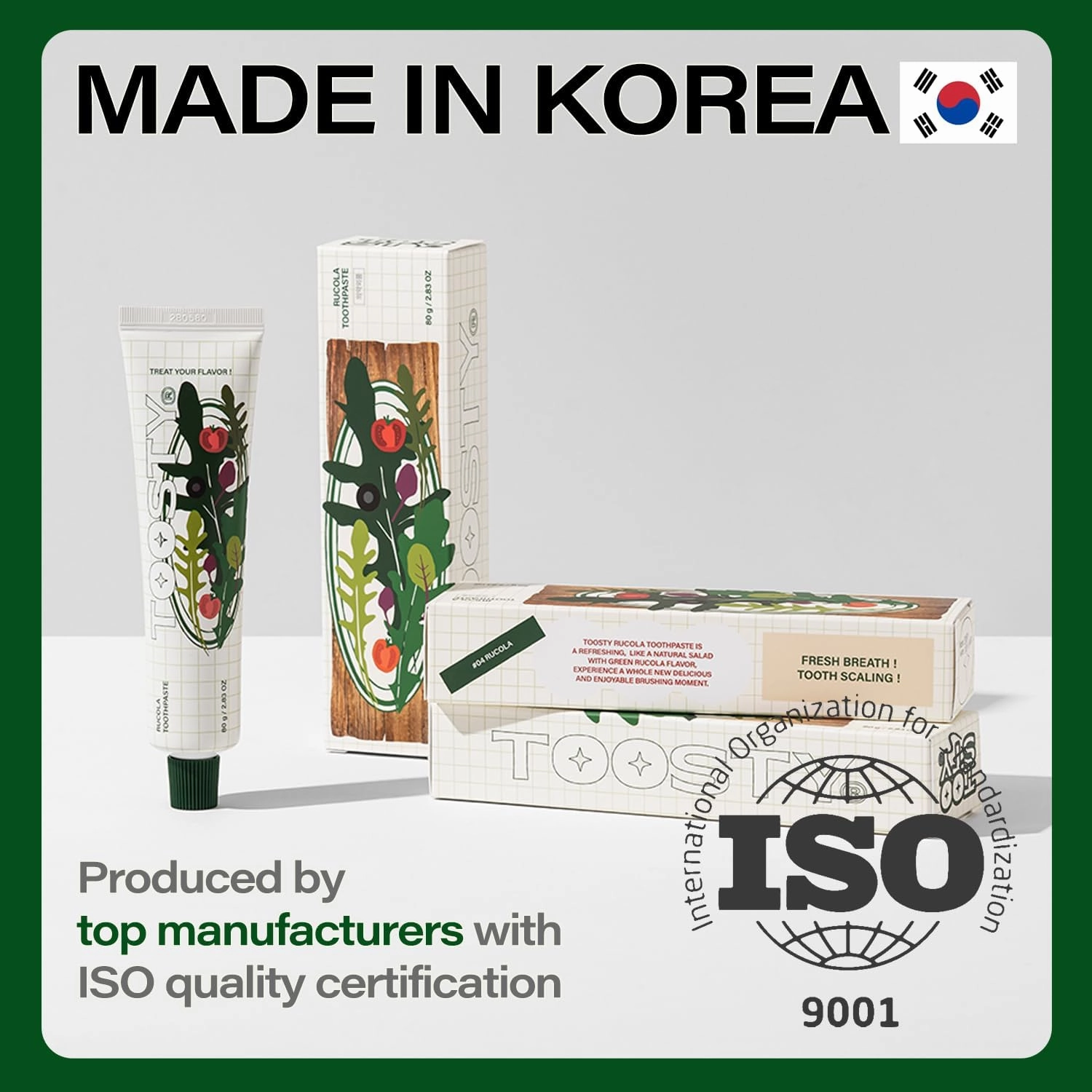 TOOSTY Rucola Toothpaste 80g ㅣ Natural Salad-Inspired Flavor ㅣ Herbal Gum Care ㅣ Tartar Control with TSPP ㅣ Vegan Certified ㅣ 14 Free Formula ㅣ Daily Fresh Oral Care