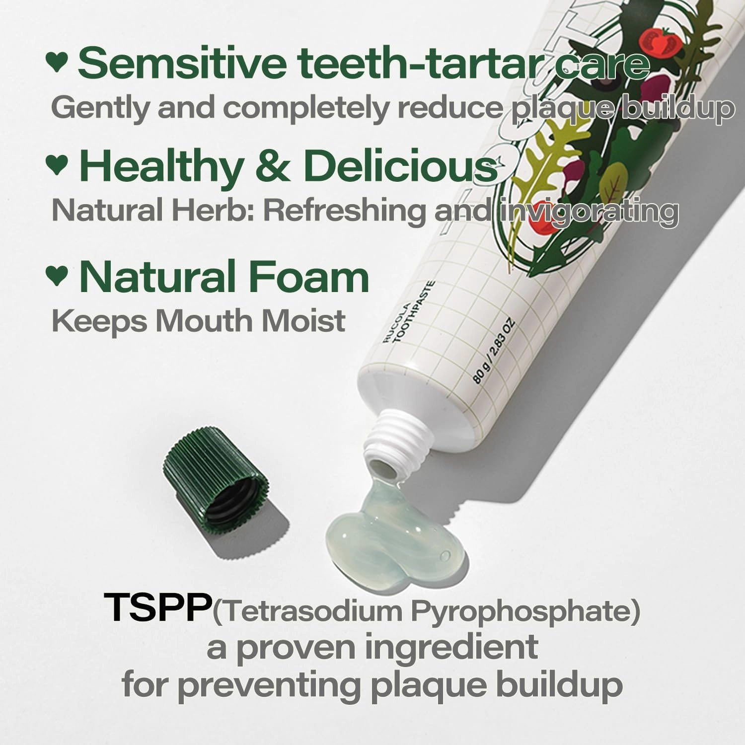 TOOSTY Rucola Toothpaste 80g ㅣ Natural Salad-Inspired Flavor ㅣ Herbal Gum Care ㅣ Tartar Control with TSPP ㅣ Vegan Certified ㅣ 14 Free Formula ㅣ Daily Fresh Oral Care