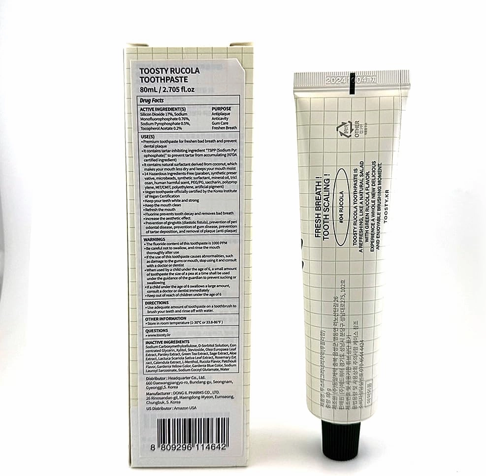 TOOSTY Rucola Toothpaste 80g ㅣ Natural Salad-Inspired Flavor ㅣ Herbal Gum Care ㅣ Tartar Control with TSPP ㅣ Vegan Certified ㅣ 14 Free Formula ㅣ Daily Fresh Oral Care