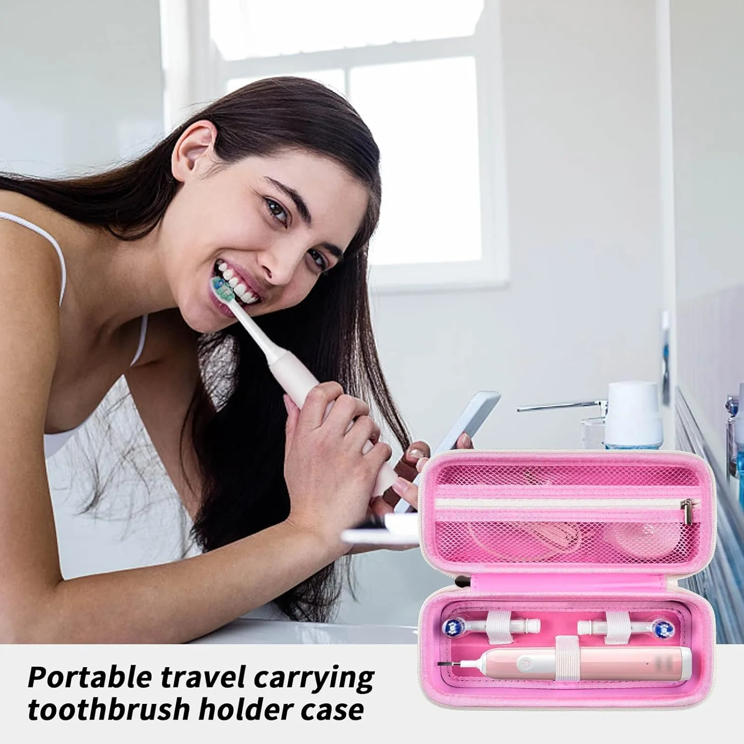 Toothbrush Travel Case Compatible with Oral-B Pro 1000, 2000, 3000, 3500, 1500/ for Philips Sonicare ProtectiveClean 4100 5100 Electric Toothbrush with Mesh Pocket for Accessories - Pink (Bag Only)