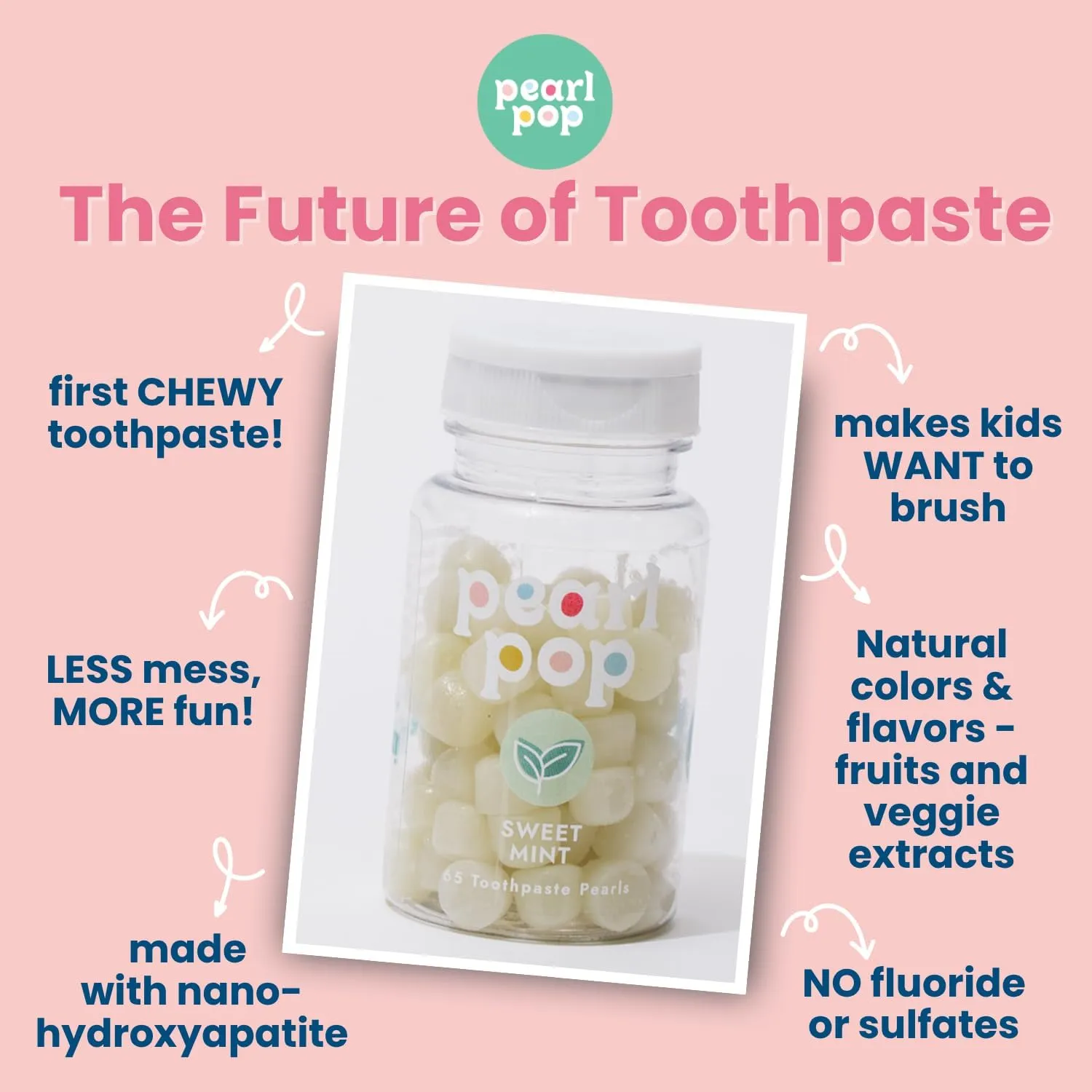 Toothpaste Pearls (65 Count) – Sweet Mint Flavor – Soft and Chewy! Mess-Free, Travel-Friendly Pearls for Kids & Adults – Fluoride-Free – Made with 5% Nano-Hydroxyapatite and Xylitol