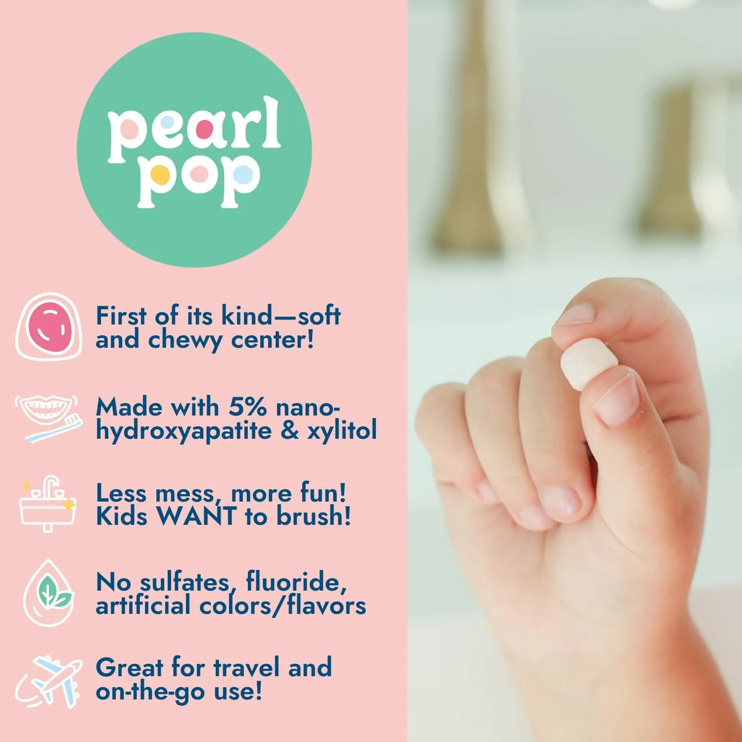 Toothpaste Pearls (65 Count) – Sweet Mint Flavor – Soft and Chewy! Mess-Free, Travel-Friendly Pearls for Kids & Adults – Fluoride-Free – Made with 5% Nano-Hydroxyapatite and Xylitol