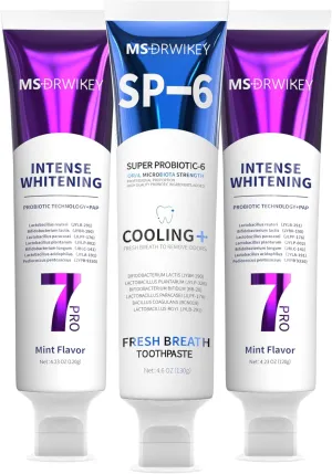 Toothpaste Set – 2-Pack 7-Pro Extra Whitening Toothpaste Tubes with Probiotics   1 Fresh Breath Tube, Fluoride-Free, Gentle and Effective Oral Care
