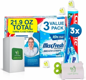 Toothpaste Max Fresh Whitening with Mini Breath Strips, Cool Mint, 3 Large Tubes of 7.3 oz, (Total 21.9 oz)   Three Bonus Gift, Better Ligth&Spring Guide Toothpaste Squeezer and Two No-Mess Caps.