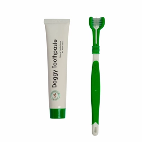 Triple Headed Dog Tooth Brush with Toothpaste-2pc Dental Kit