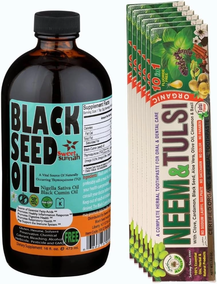 Turkish Black Seed Oil 16oz & Organic Neem 10-in-1 Toothpaste 6-Pack Wellness Bundle