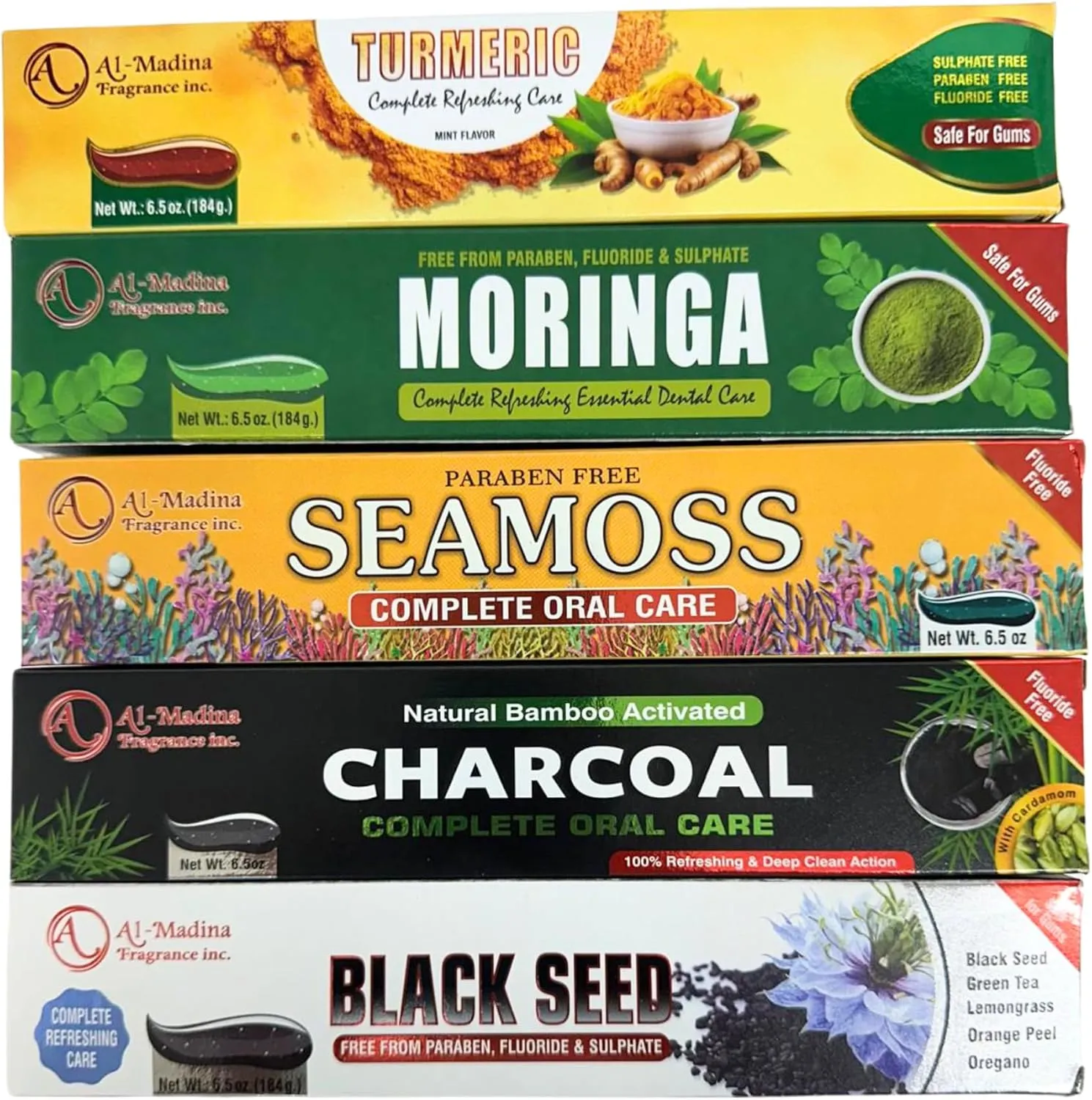 Ultimate Toothpaste Combo - Seamoss, Moringa, Charcoal, Black Seed & Turmeric Toothpaste - Oral Care for Sensitive Teeth - Paraben-Free - Refreshing Oral Care - Pack of 5