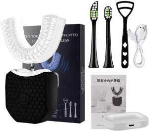 Ultrasonic Electric Toothbrush, U-Shaped Automatic 360° Whole Mouth Whitening Toothbrush, Wireless Charging, Waterproof, Black