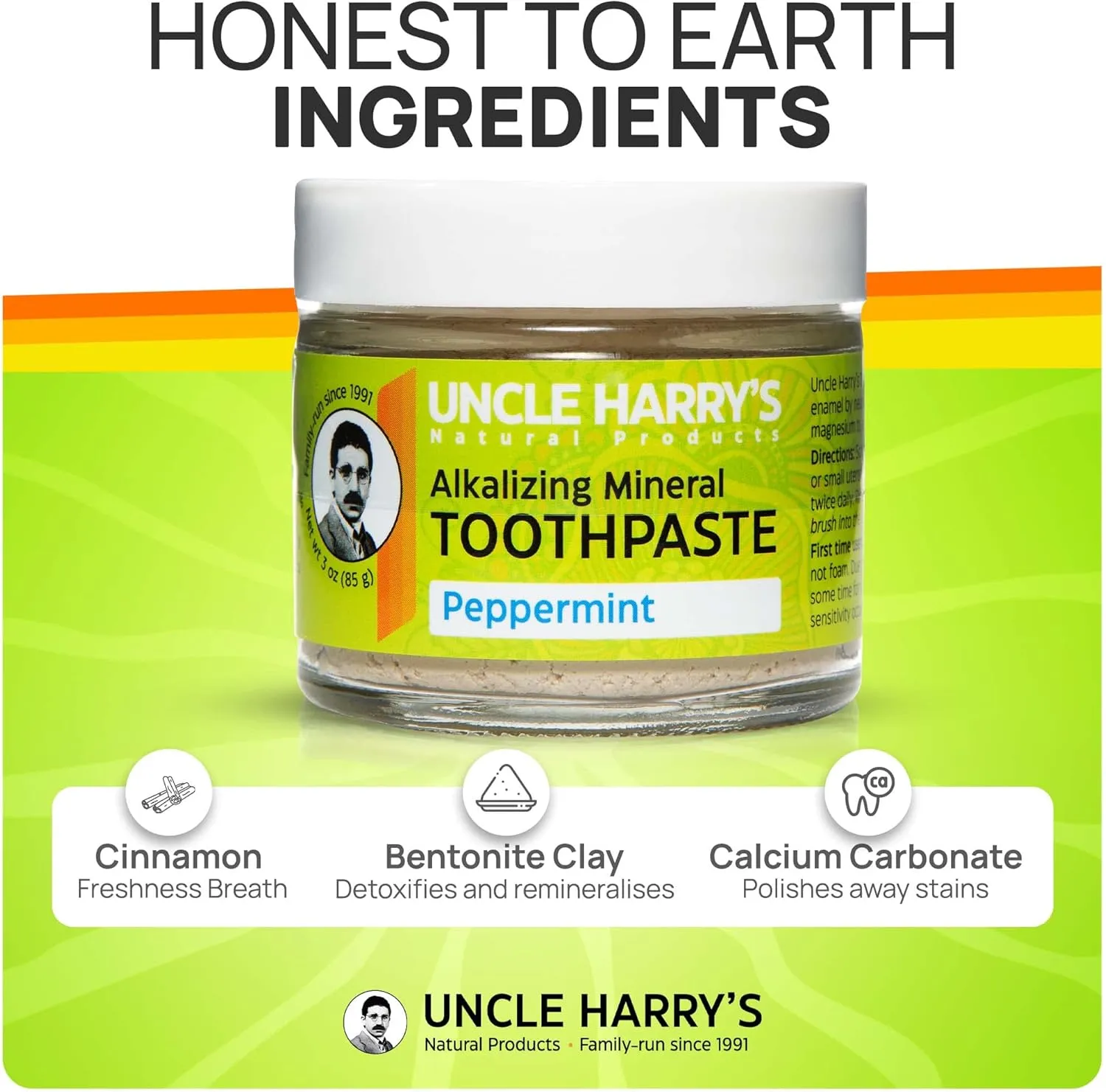 Uncle Harry's Natural & Fluoride-free Remineralizing Toothpaste - Freshens Breath & Strengthens Enamel - Peppermint, 3 Ounce (Pack of 1)