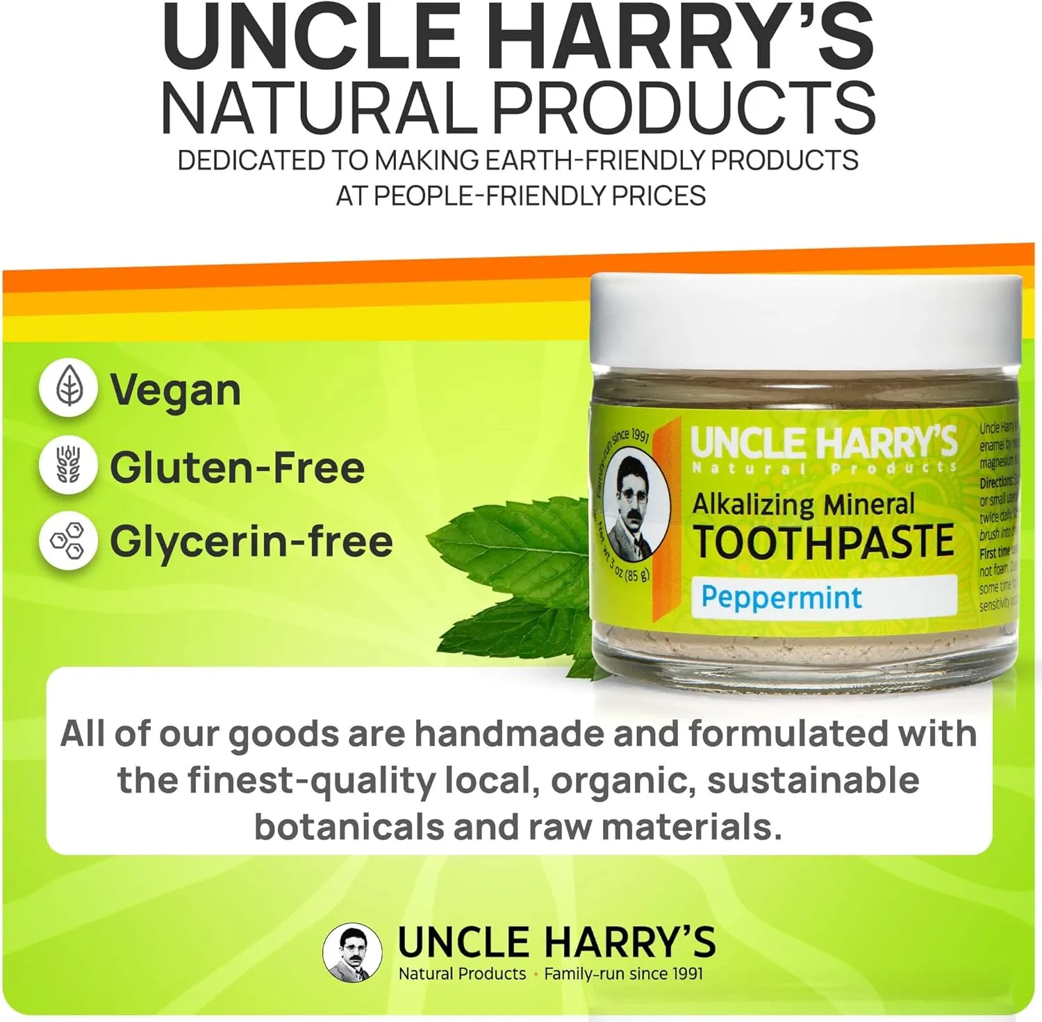 Uncle Harry's Natural & Fluoride-free Remineralizing Toothpaste - Freshens Breath & Strengthens Enamel - Peppermint, 3 Ounce (Pack of 1)